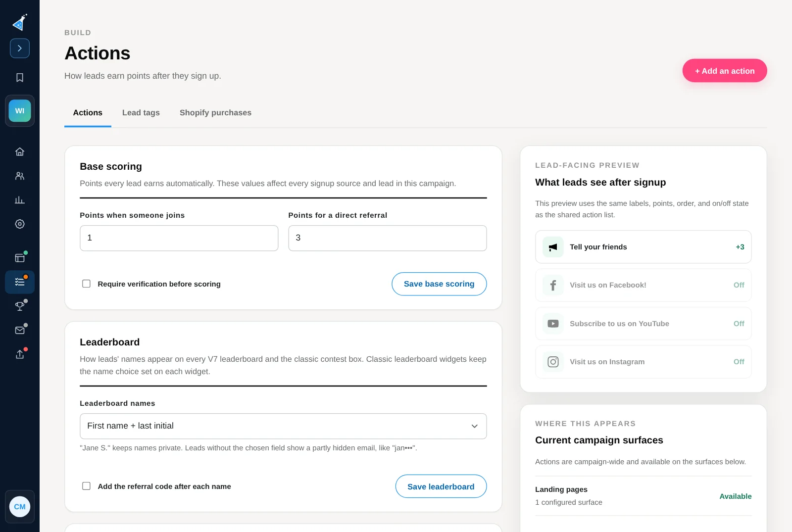The Scoring & actions page with Base scoring and the Leaderboard section