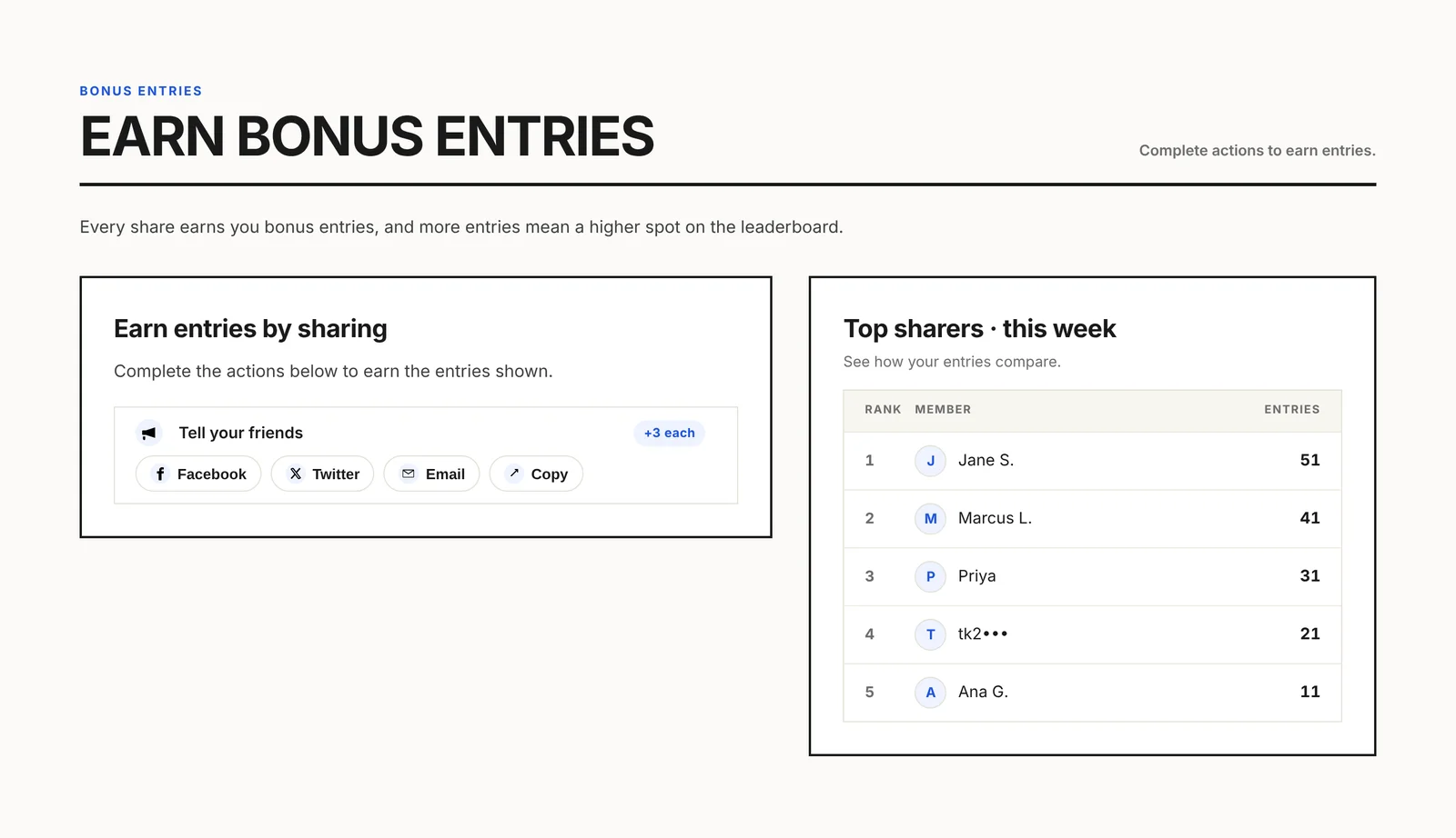 A Bonus entries section on a giveaway page with the Top entrants leaderboard