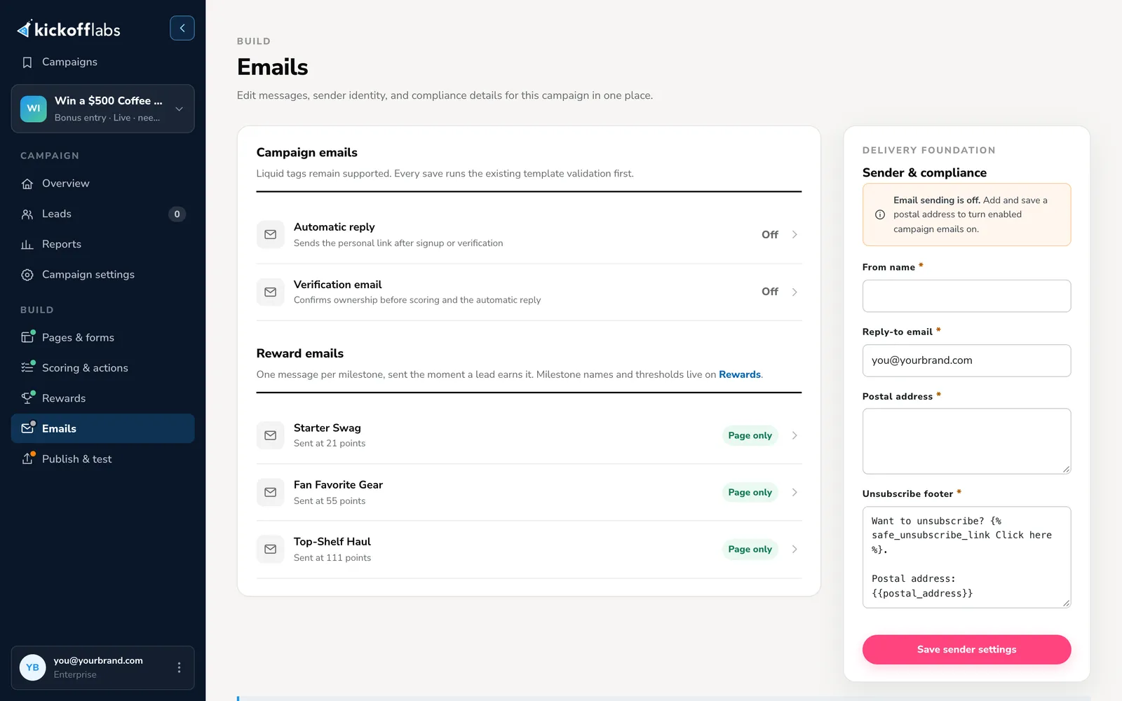 Emails screen with Automatic reply, Verification email, and three reward emails, plus Sender and compliance settings asking for a from name, reply-to email, and postal address