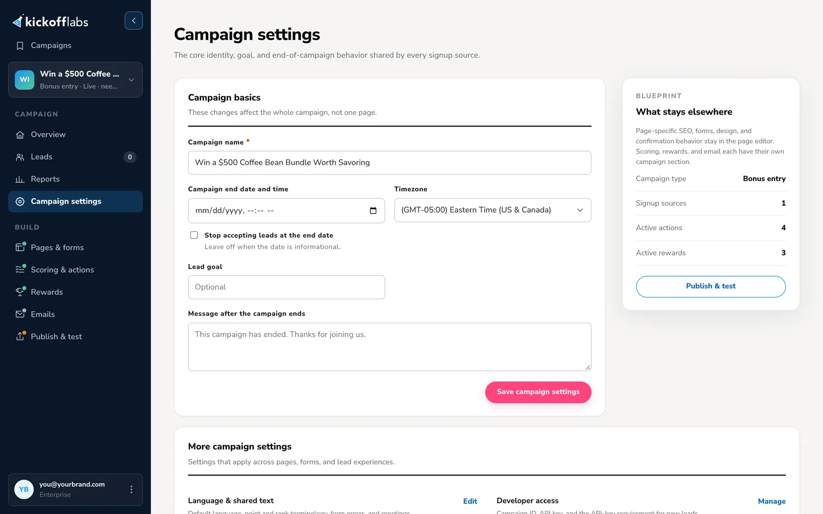 Campaign settings with campaign name, end date and time, timezone, a Stop accepting leads at the end date checkbox, a lead goal, and a message after the campaign ends