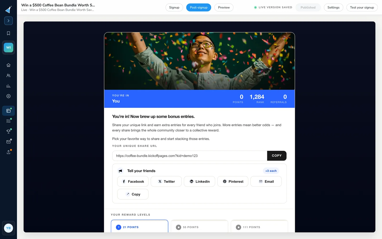 Designer on the Post-signup view of a sample coffee giveaway showing points, rank, and referrals, a unique share URL with a Copy button, Tell your friends share buttons worth 3 points each, and reward levels below