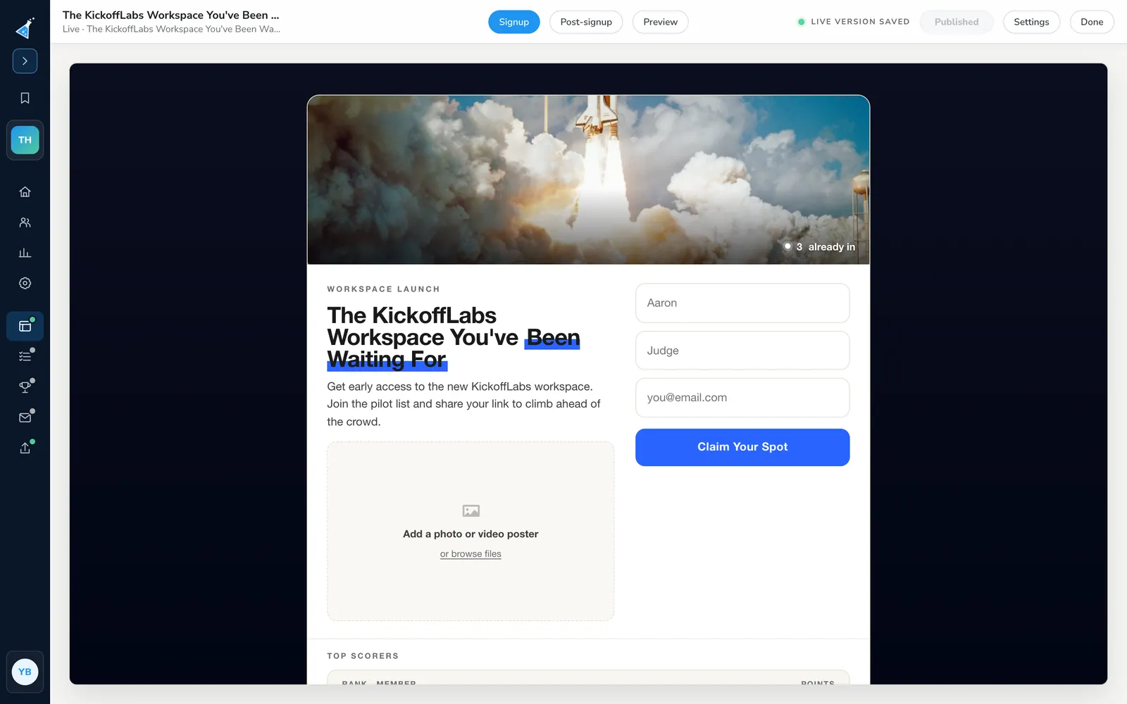 Page designer on the Signup view showing a waitlist headline, name and email fields, a Claim Your Spot button, and an image placeholder