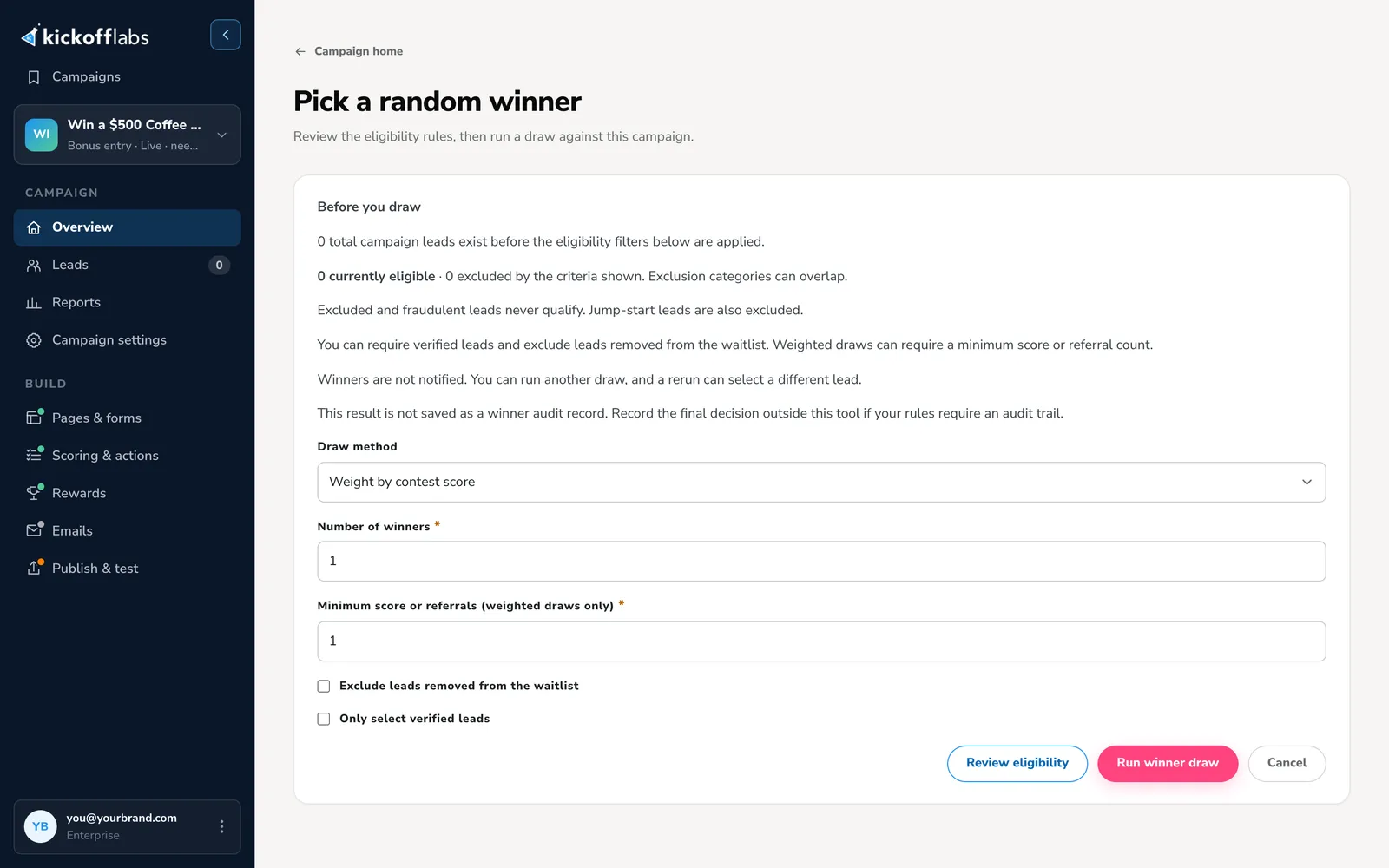 Pick a random winner screen with eligibility notes, a draw method set to Weight by contest score, number of winners, minimum score, options to exclude removed leads and select only verified leads, and Review eligibility and Run winner draw buttons