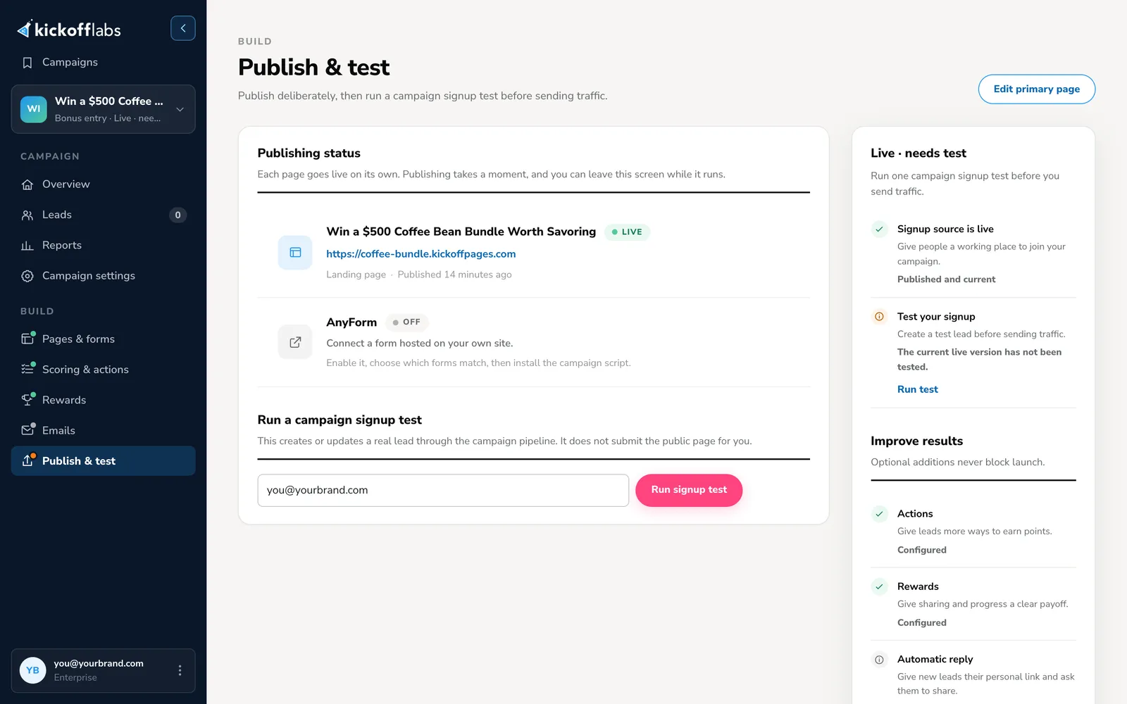 Publish and test screen showing a live landing page, a Run signup test form, and a checklist marking the live version as not yet tested