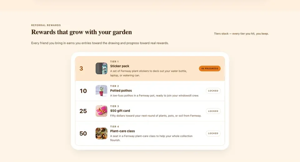 Sample reward ladder on a page with four tiers at 3, 10, 25, and 50 friends, the first marked In progress and the rest Locked