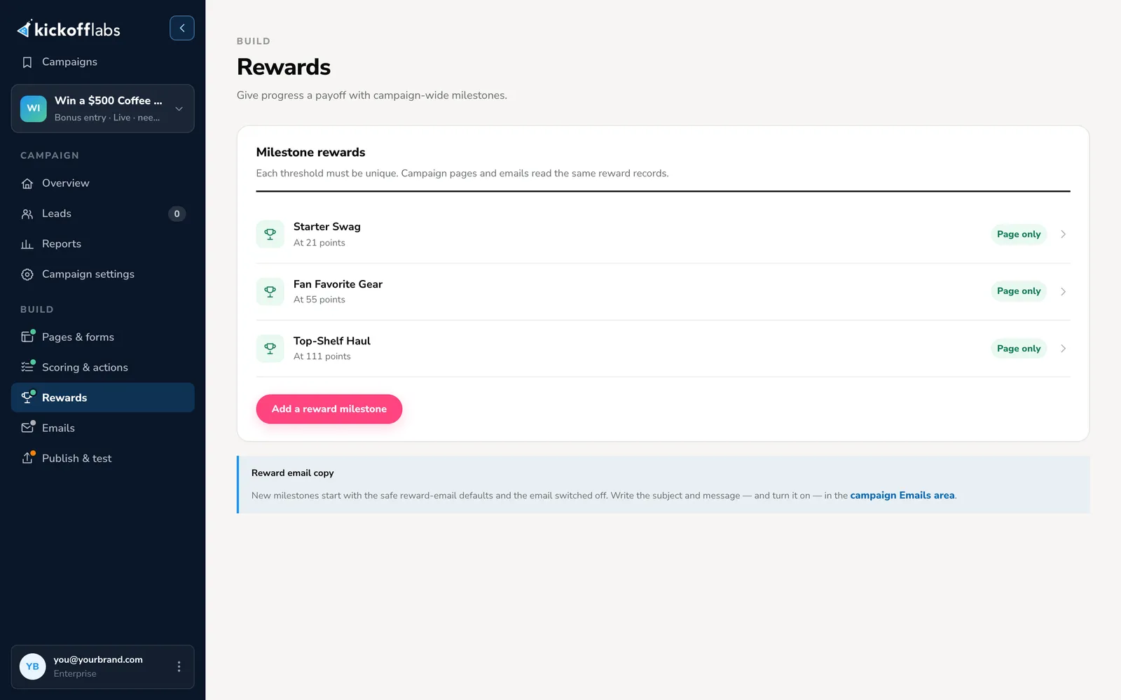 Rewards screen listing three milestones at 21, 55, and 111 points with an Add a reward milestone button
