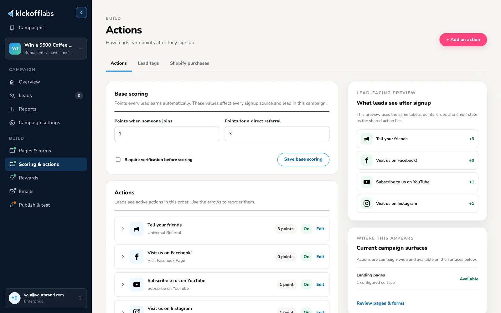 Scoring and actions screen with points when someone joins, points for a direct referral, a Require verification before scoring checkbox, and a list of actions with a preview of what leads see