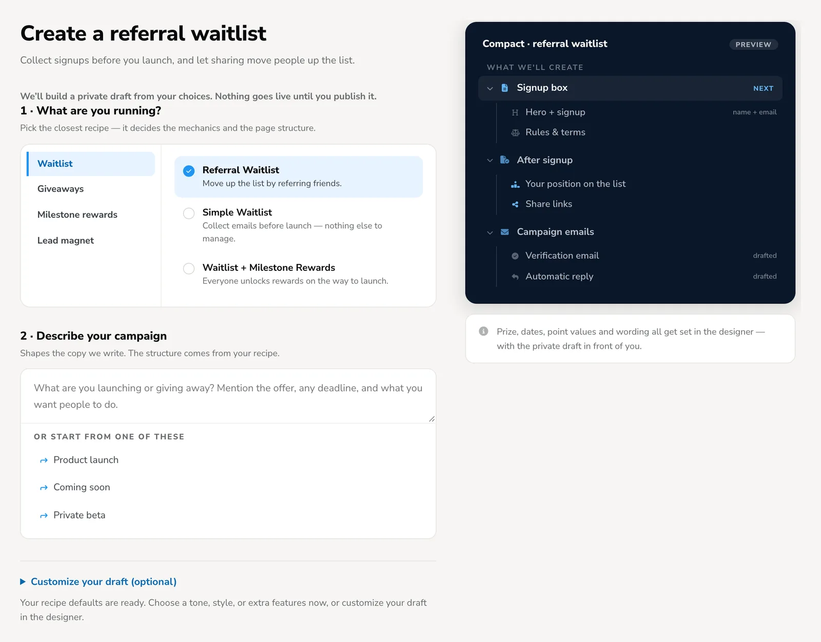 New campaign screen with Waitlist and Referral Waitlist selected, a campaign description field, and a preview of the signup box, after-signup view, and campaign emails that will be created
