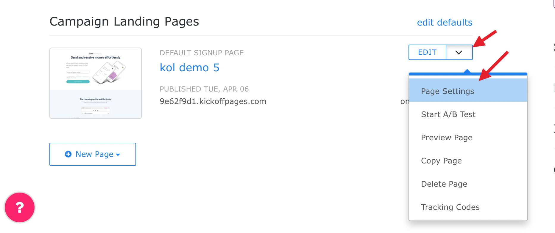 page settings