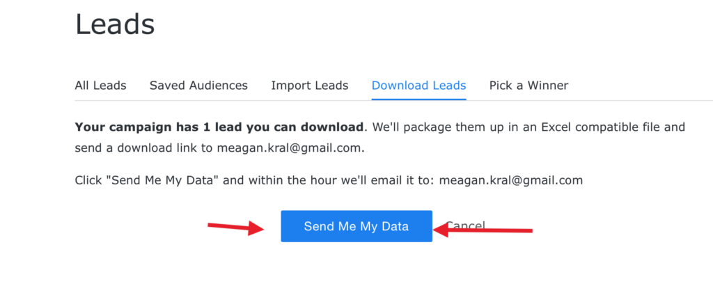 Send me my data screen