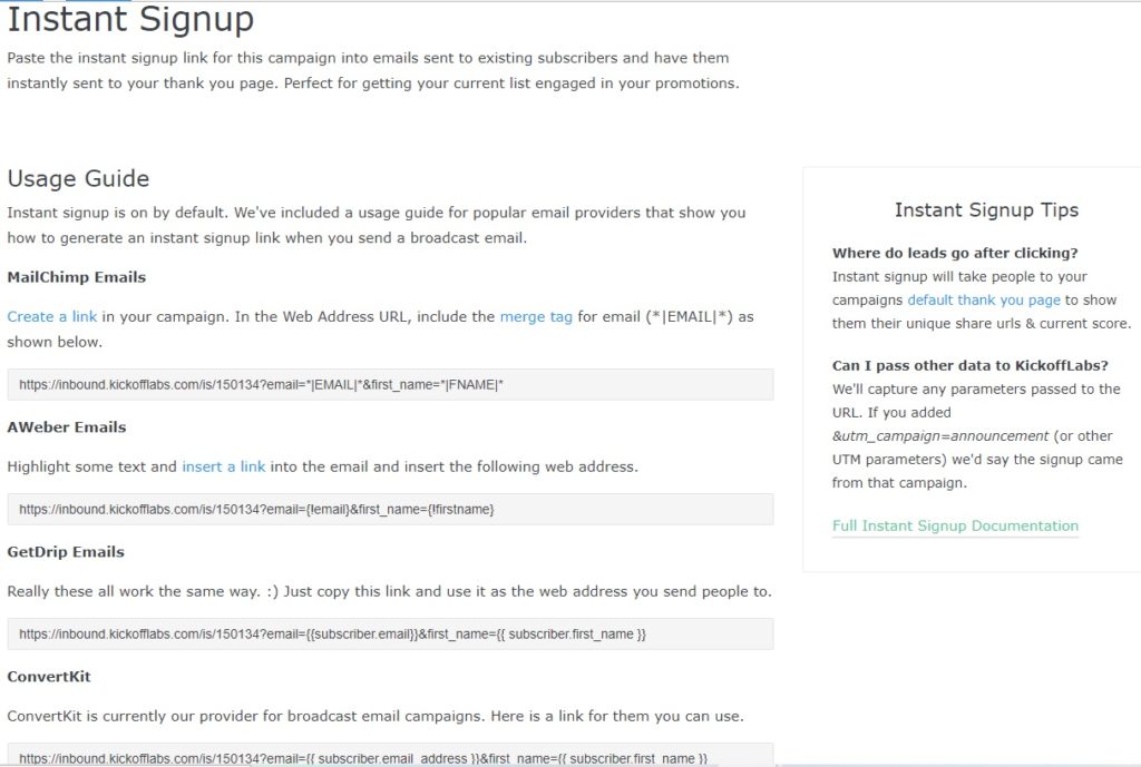 Instant Sign Up Links
