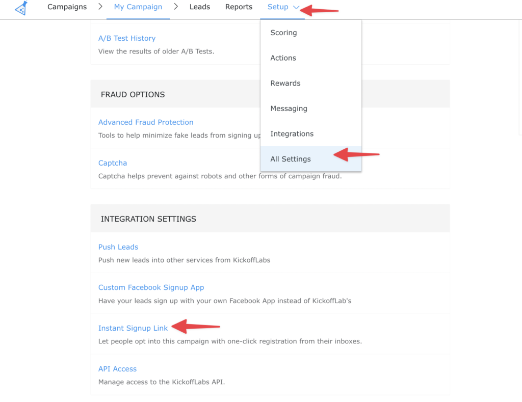 instant signup menu