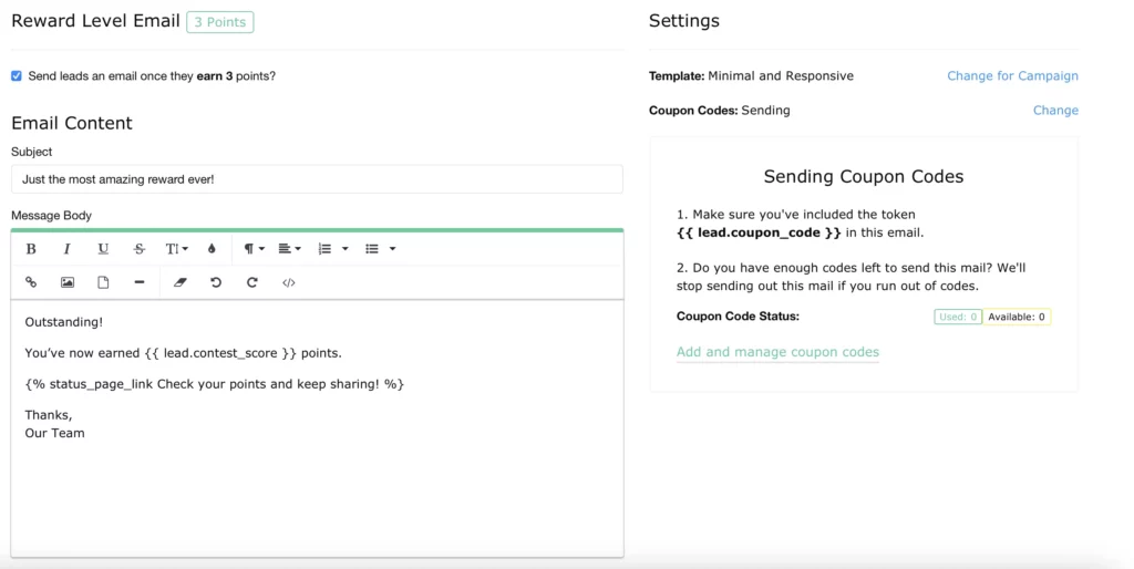 reward level email editor