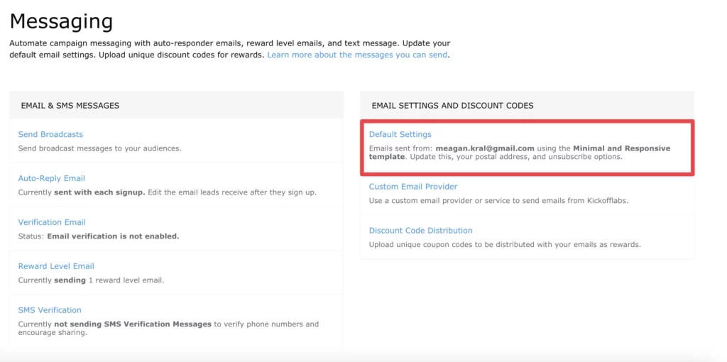 default email settings