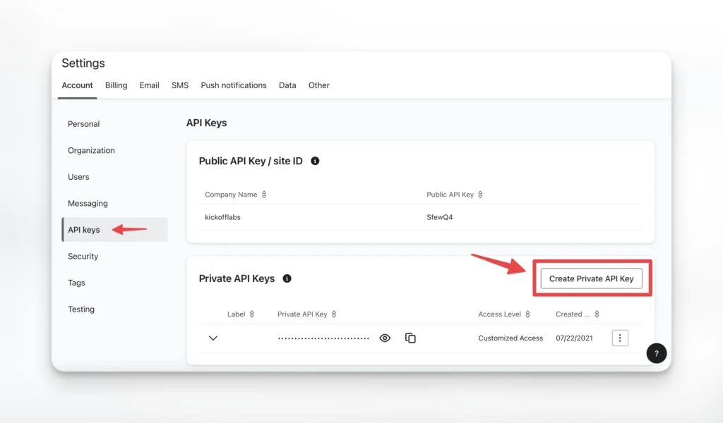 Create new Klaviyo api key
