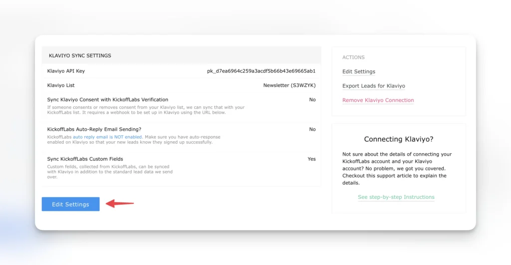 Klaviyo kol settings configured