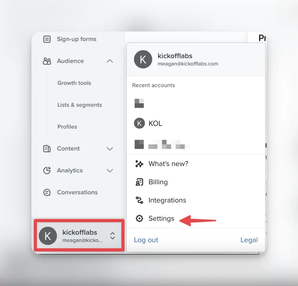 Access the Klaviyo settings page