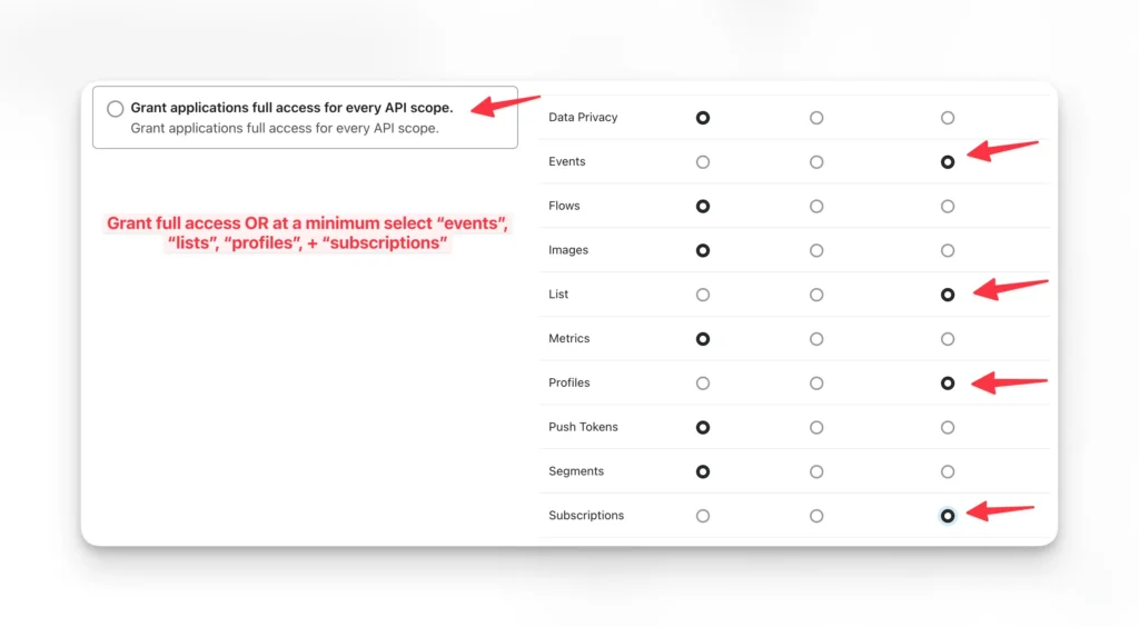 klaviyo api key permissions