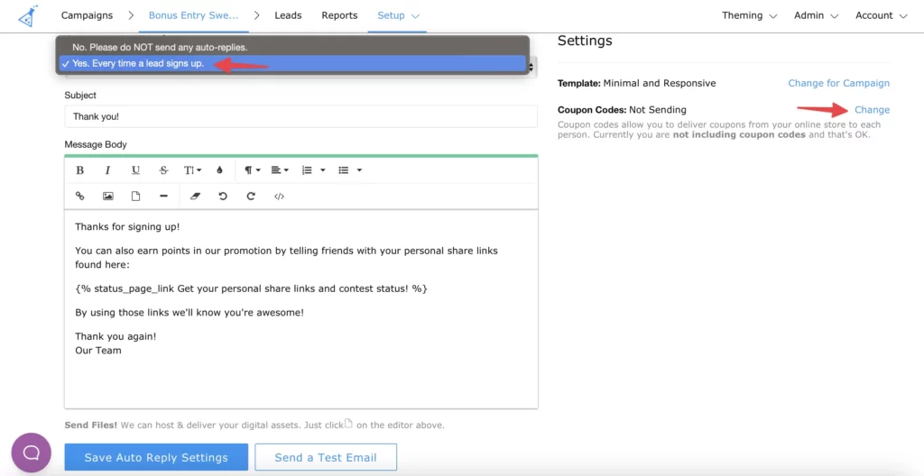 auto-response email sending set up