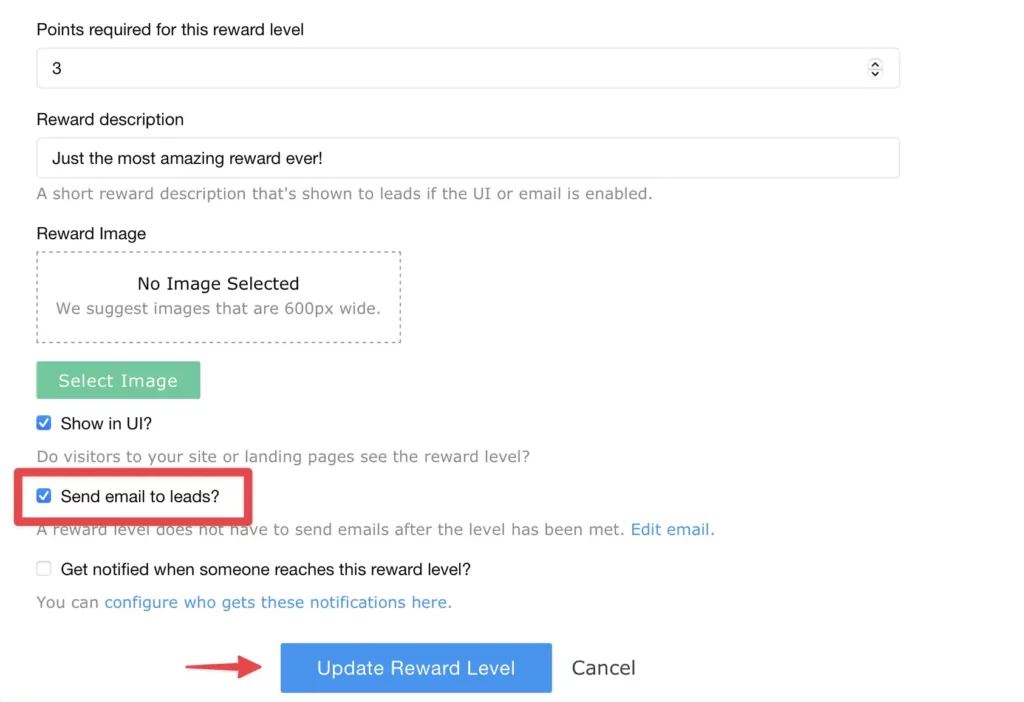 turn reward email on