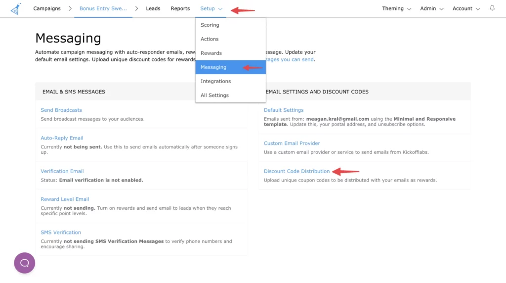 setup discount codes menu