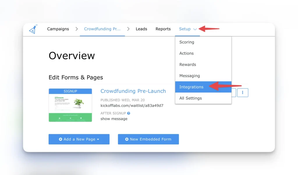 KickoffLabs integration menu