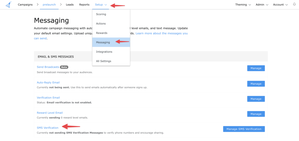 kickofflabs sms settings
