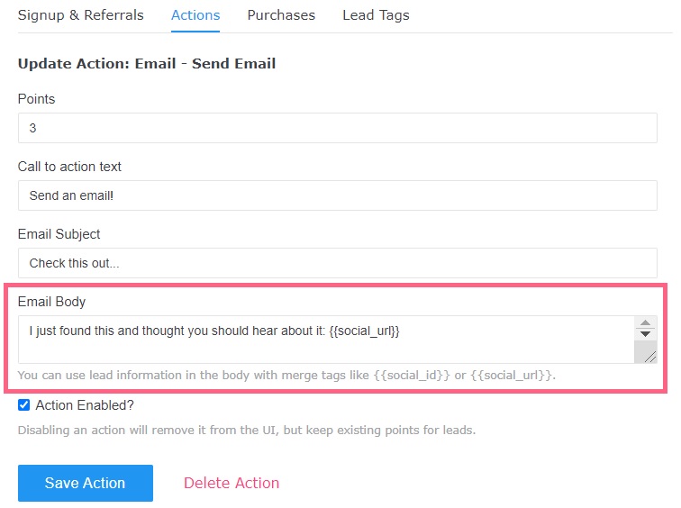 Update action Send email