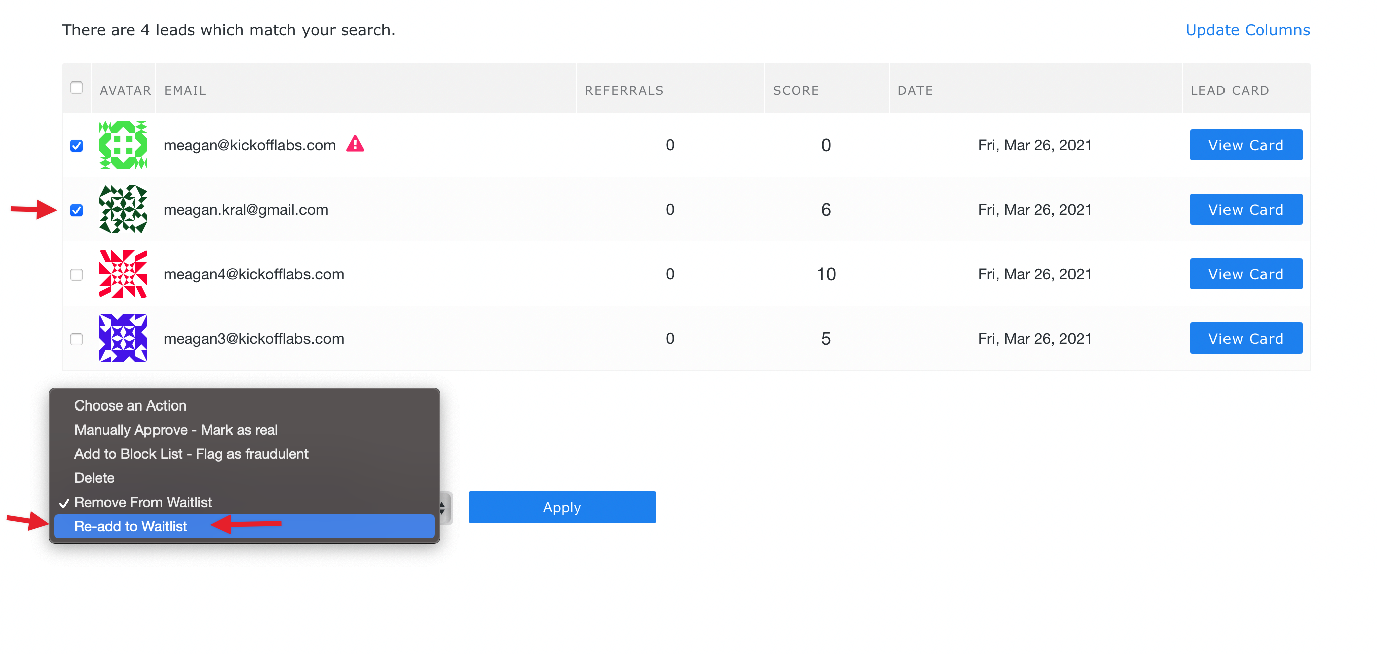 readd to waitlist dropdown