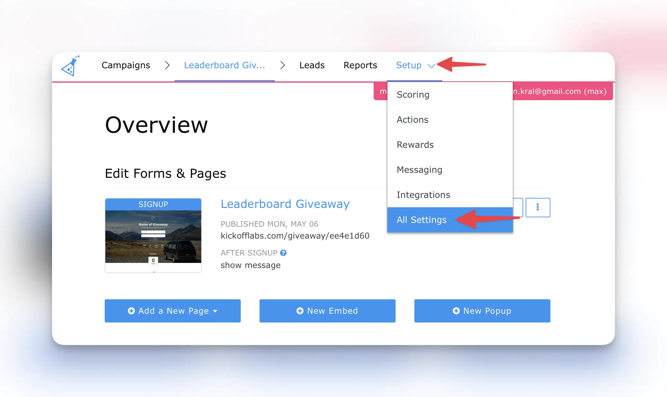 KickoffLabs top nav settings