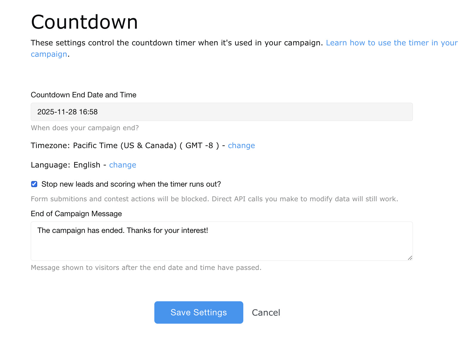 countdown timer settings