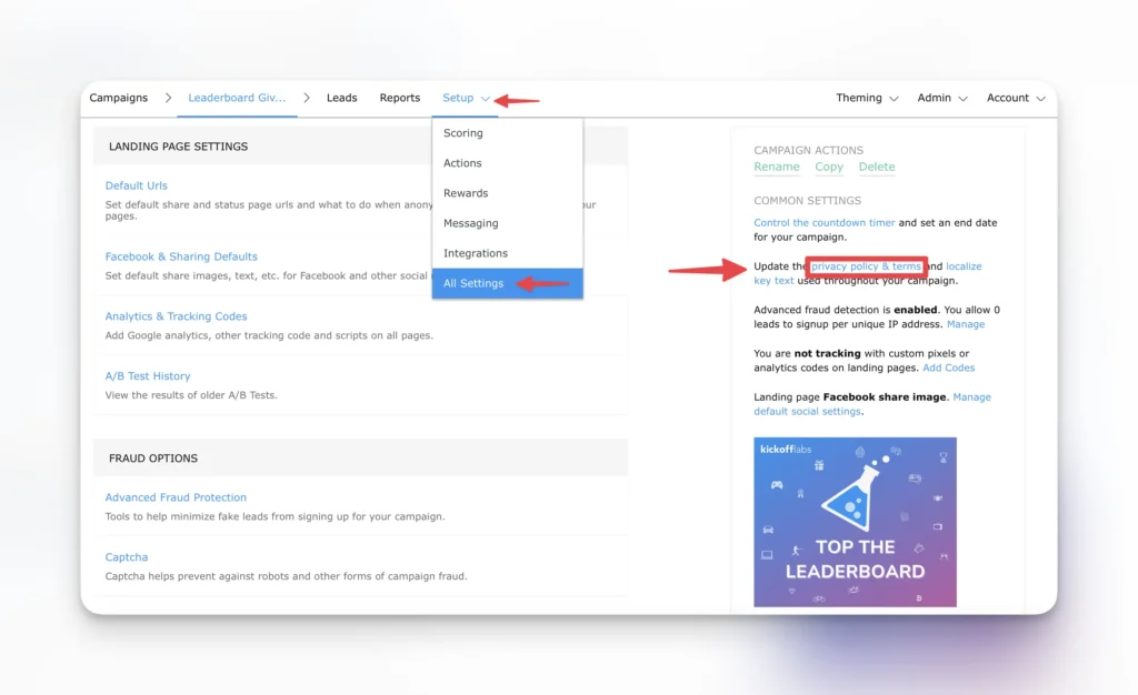 terms and conditions setting