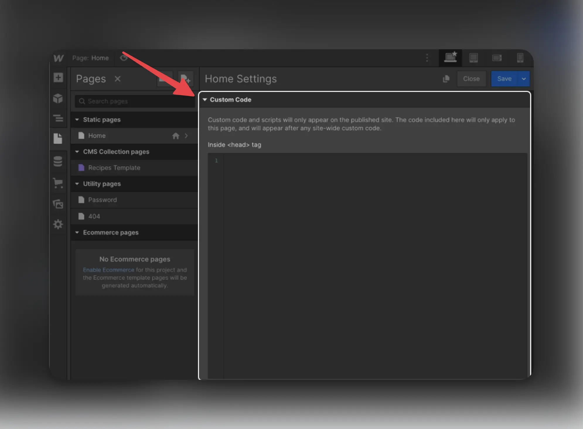 Install popup script into Webflow header