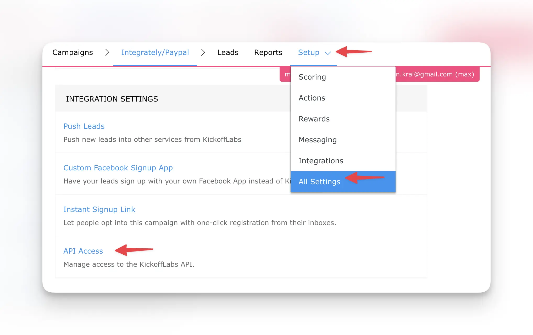 Navigate to your KickoffLabs API settings.