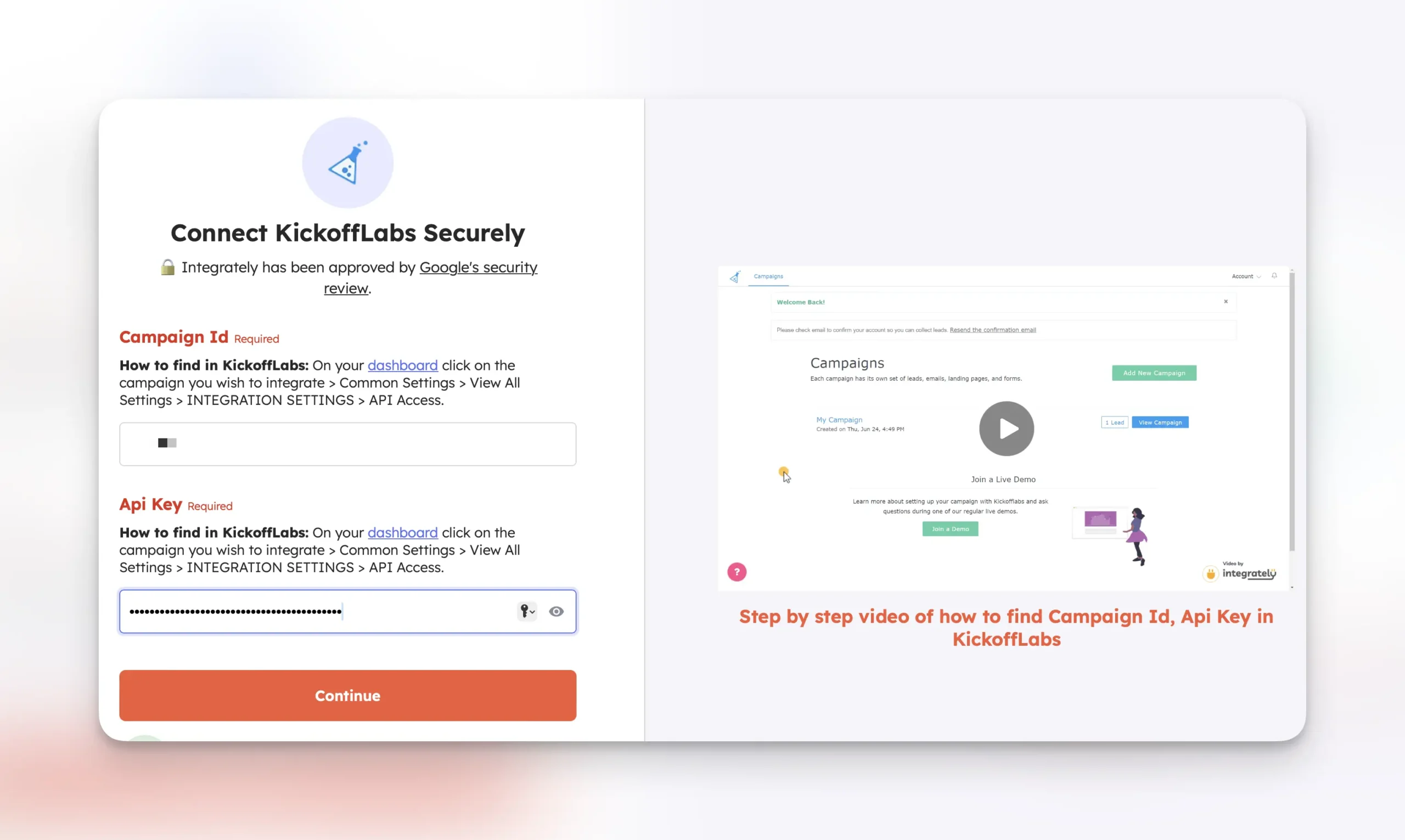 Paste KickoffLabs Api key into Integrately