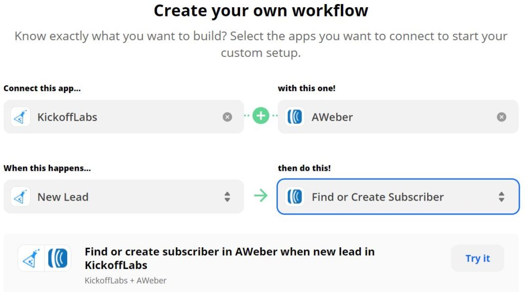 Zapier workflow - KickoffLabs - AWeber