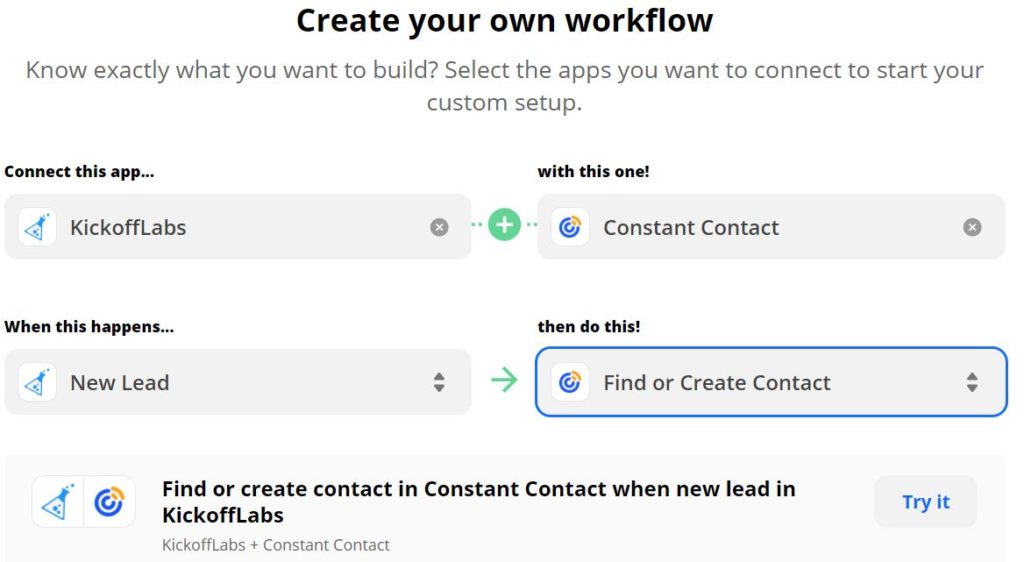 Zapier workflow - KickoffLabs - Constant Contact