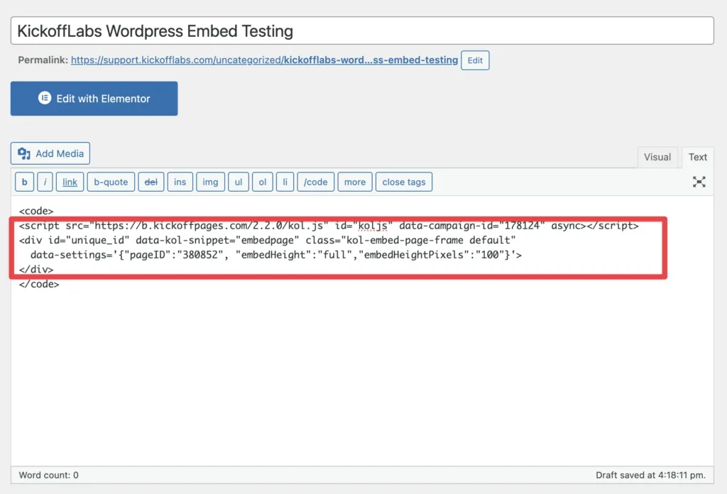paste kickofflabs embed