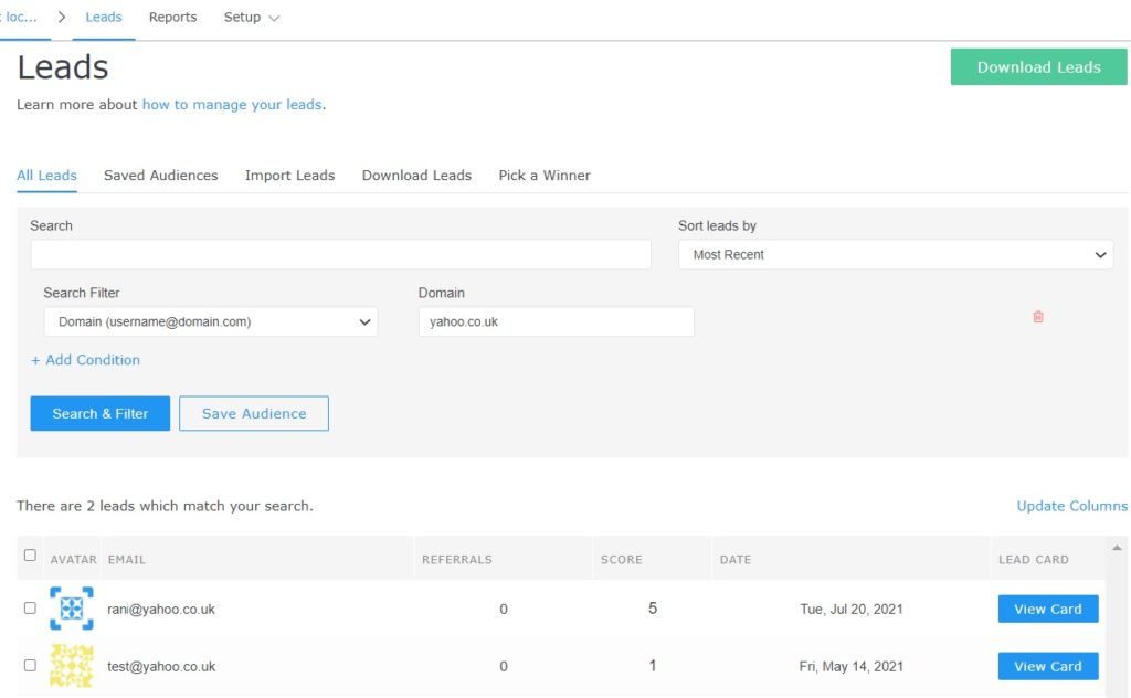 Leads search filter