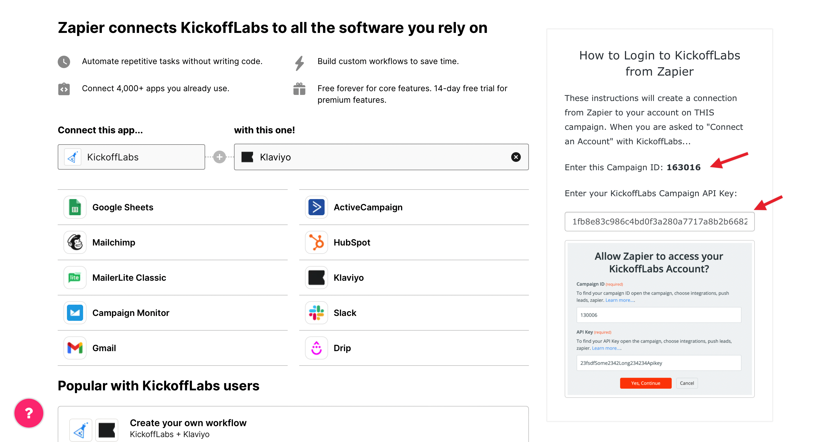 kickofflabs api key