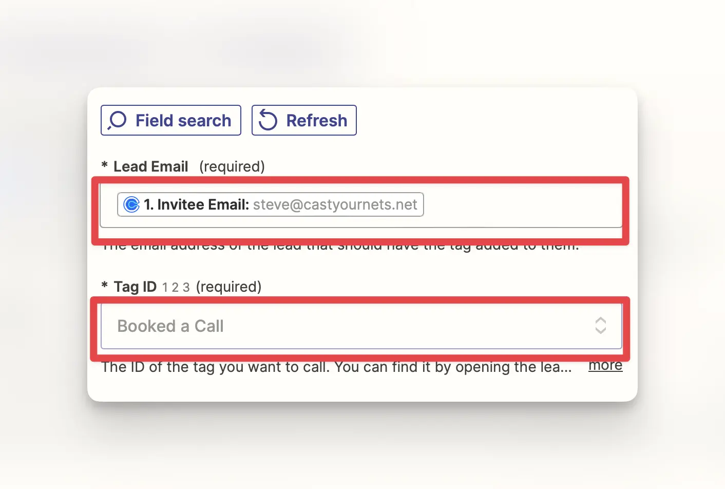 Map Calendly email field and lead tag