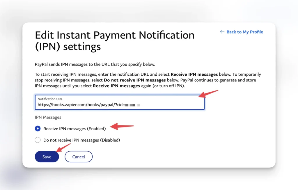 PayPal IPN settings