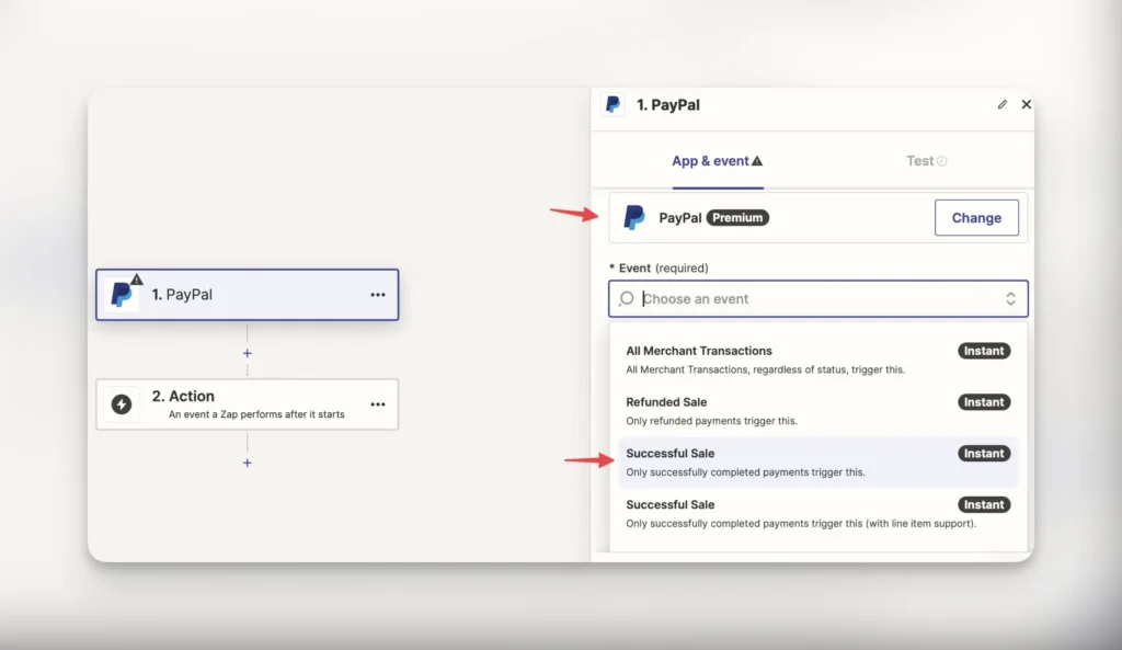 Select successful PayPal purchase for Zapier event