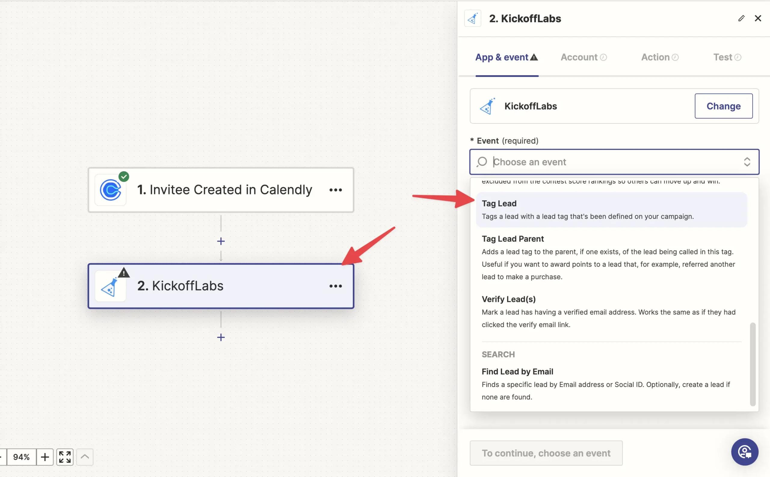 Choose tag lead from event trigger dropdown.