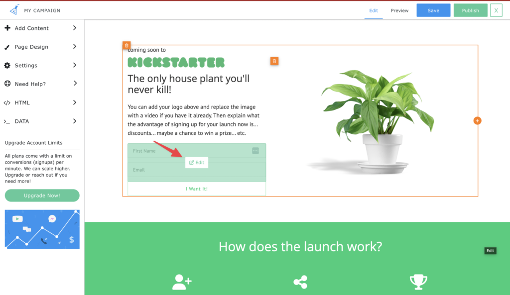 hover over opt in form to edit