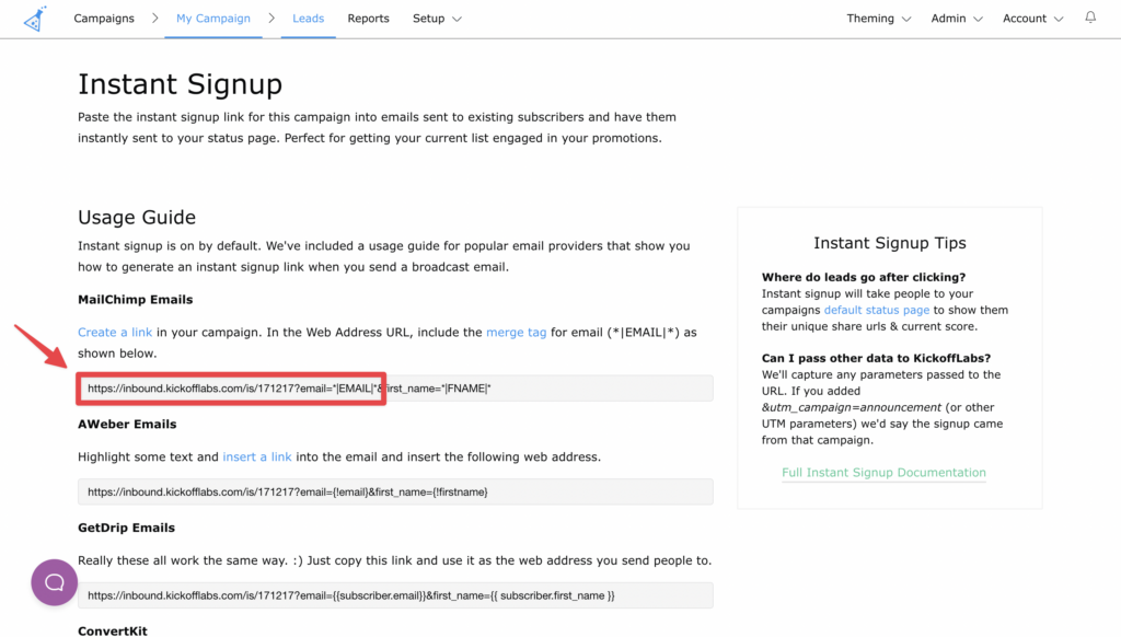 copy instant signup url