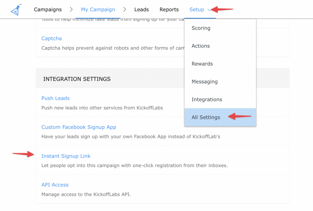 KickoffLabs all settings menu