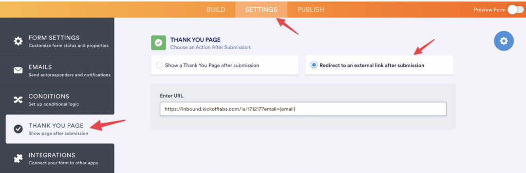 jotform thanks settings