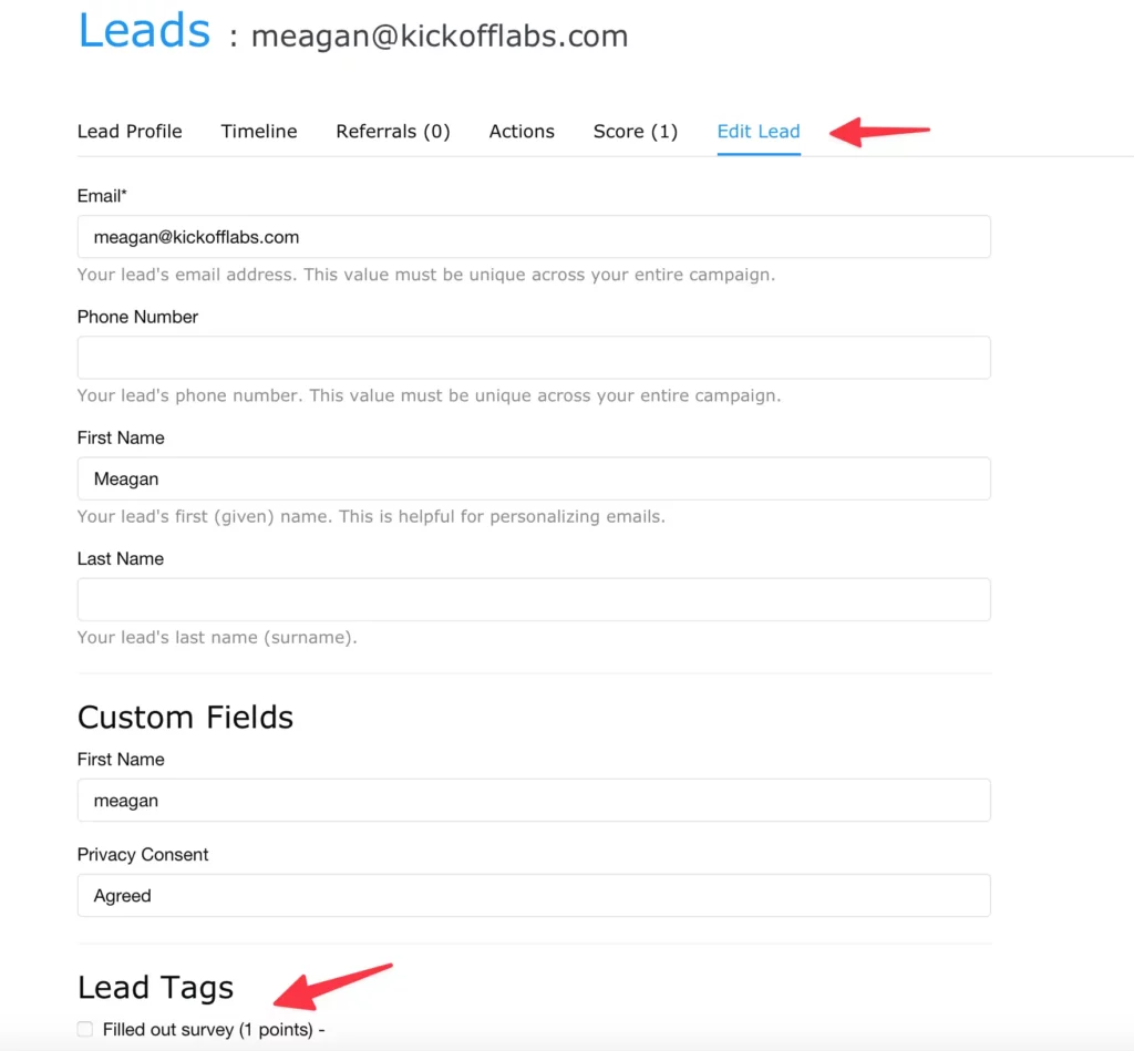 Edit lead card to complete lead tag action