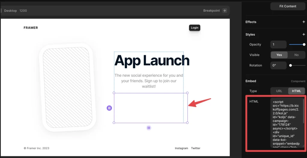 paste kickofflabs embed script into Framer html area